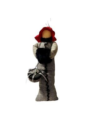 14” RED Hat Lady Vintage Cloth Doll with Muff and Hat Box with Hanger